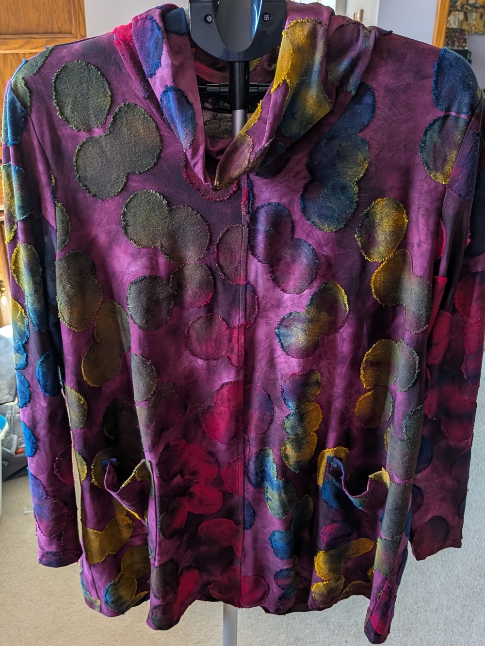 Plum Multi-Color Velvet Patchwork Cowl Neck Top